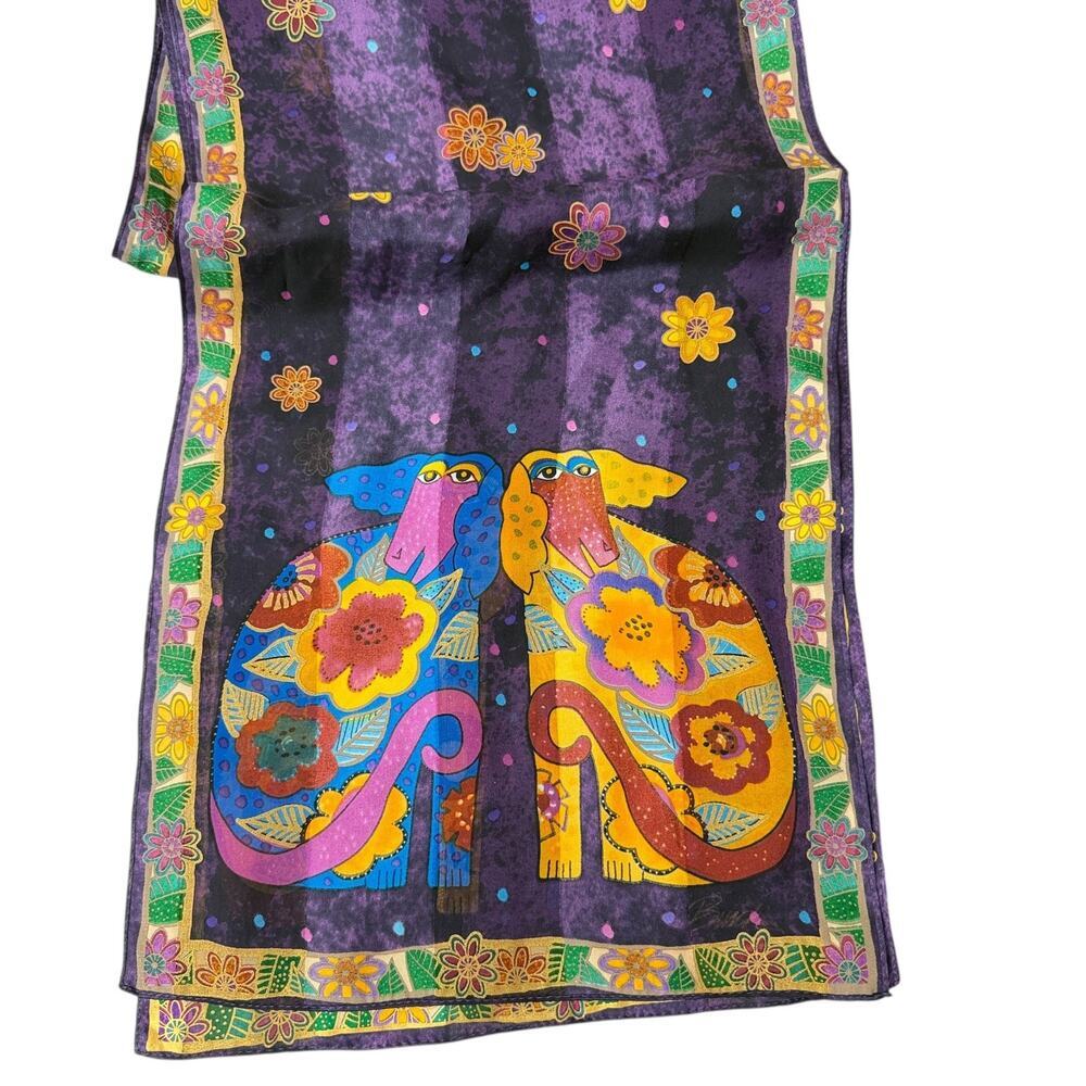 Laurel Burch Silk Scarf Purple Multi Floral Sheep Art Rectangle 11X53